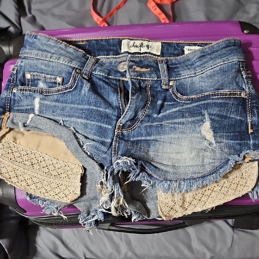 Daytrip Denim Shorts with Exposed Glitter Crochet Pockets